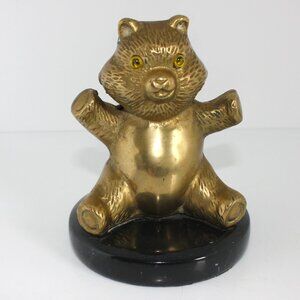 Vintage 80s Brass Teddy Bear On Marble Base